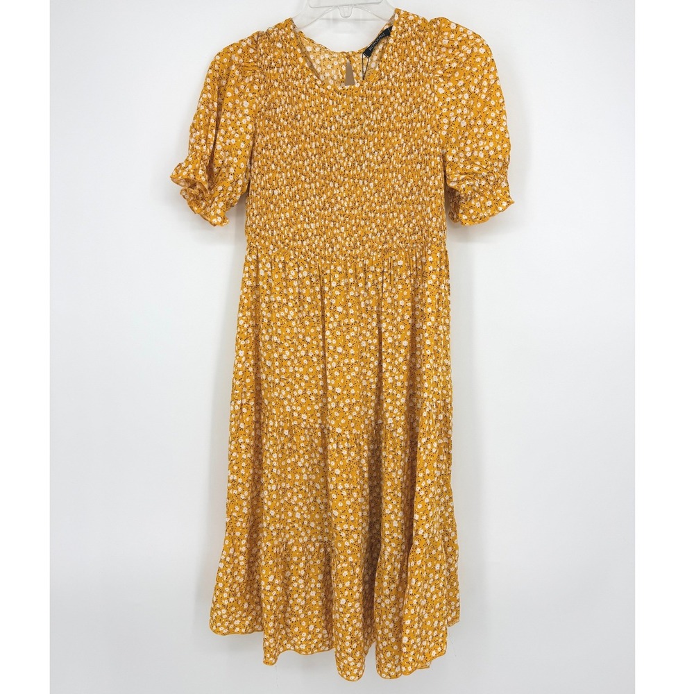 Kojooin Womens Maternity Yellow Floral Smocked Tiered Midi Dress Short Sleeve S